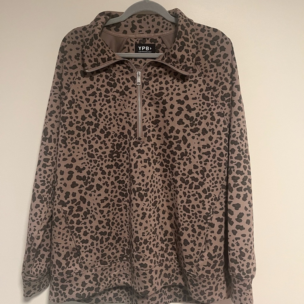 YPB Leopard Print Half-Zip Pullover - Taupe & Black XXL Abercrombie
